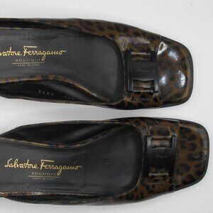 Salvatore Ferragamo leopard print patent leather wedge mule in 8.5AA